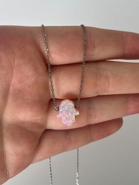 Iridescent Pink Opal Hamsa Necklace - Delicate Silver Chain